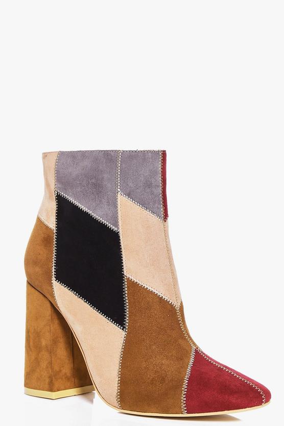 Faye Patch Work Faux Suede Block Heel Boot